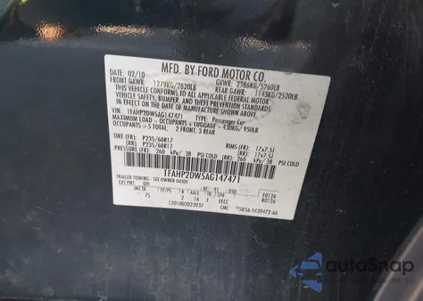 2010 Ford Taurus Se z USA, uszkodzony, nr VIN 1FAHP2DW5AG147471